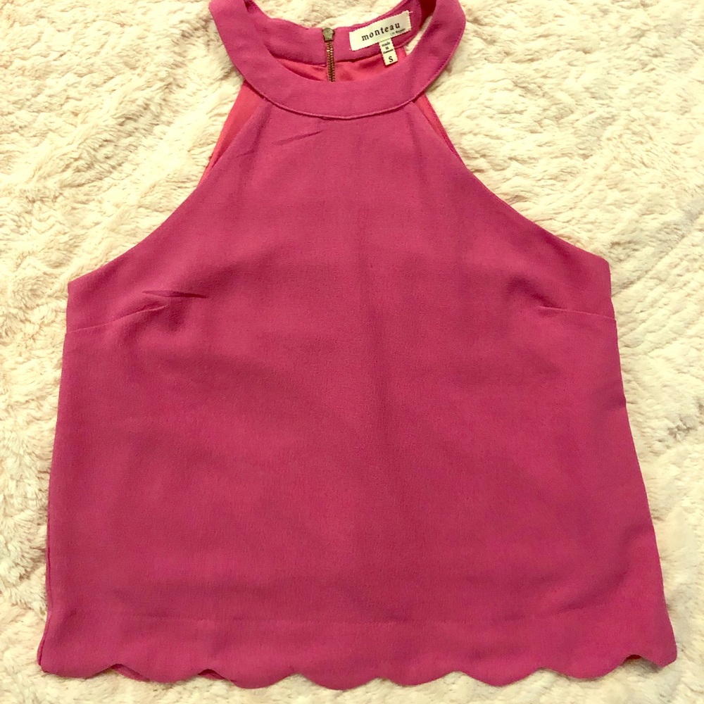Bright pink high neck tank top scallop trim